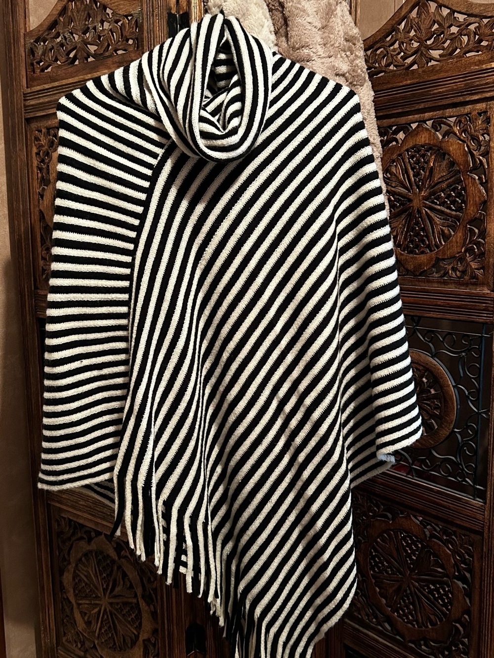 Turtleneck Striped Poncho Sweater - Black & White